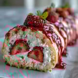 Thin crepes wrap around airy sponge cake ribbons and juicy strawberries, rolled tight and sliced into delicate dessert sushi pieces. 