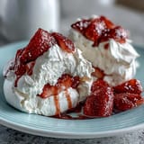 Mini Pavlovas with Strawberries and Cream: crisp meringue shells topped with fresh strawberries and airy whipped cream.