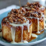 Decadent cinnamon roll pancake casserole features swirls of brown sugar and cinnamon, topped with smooth cream cheese glaze.