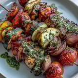 Vibrant summer grilled veggie skewers drizzled with fresh chimichurri, perfect for outdoor gatherings and vegetarian barbecues.  