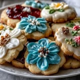 Buttery shortbread cookies decorated with pastel royal icing flowers, offering a sweet and crisp treat for seasonal gatherings.