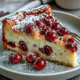 Luscious Fresh Cherry Clafoutis: Golden French custard baked with vibrant, juicy red cherries.