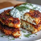 Flaky mackerel potato cakes, pan-fried to perfection, with a bright dill yogurt dip.