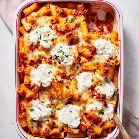 Golden, bubbling Baked Ziti with melted mozzarella and rich tomato sauce in a white casserole dish, garnished with fresh parsley.
