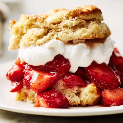Homemade Strawberry Shortcake dessert with buttery biscuits, sugary berry syrup, and billowy fresh cream on a rustic plate.