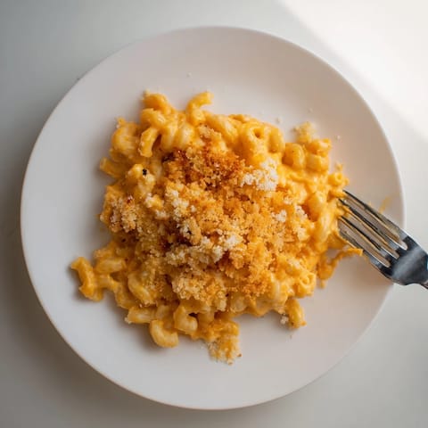 Steaming macaroni and cheese is scooped from a skillet, highlighting the velvety cheddar sauce clinging to pasta.