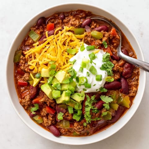 Ground beef and kidney beans simmer in a rich, spicy tomato sauce.