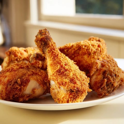 Golden-brown fried chicken pieces with a crispy, seasoned crust, served on a wire rack with a juicy interior.