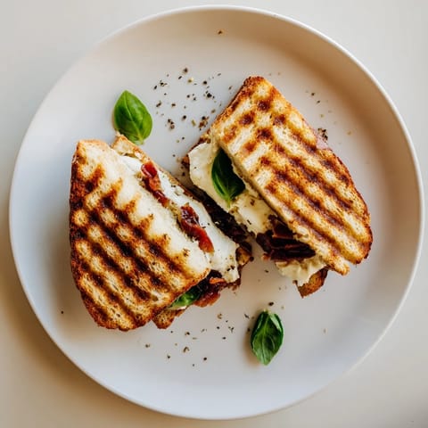Crusty grilled sandwich showcasing melted burrata and crackling prosciutto, served warm on toasted sourdough bread.
