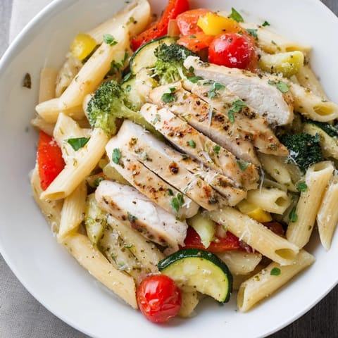 A close-up of Garlic Herb Chicken & Veg Pasta shows tender slices of chicken and bright vegetables.