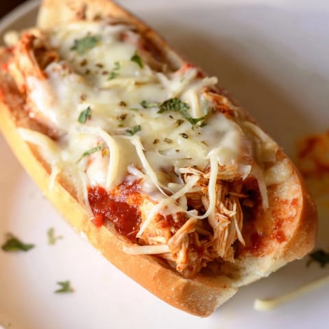 A close look at cheesy Chicken Parm Stuffed Garlic Bread, with melted mozzarella and rich red sauce oozing from crispy bread.
