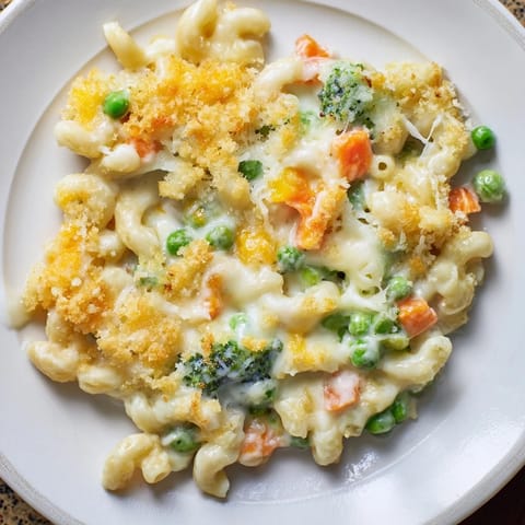 Hearty Garden Veg Mac and Cheese served with peas, broccoli, and carrots on a rustic wooden table.