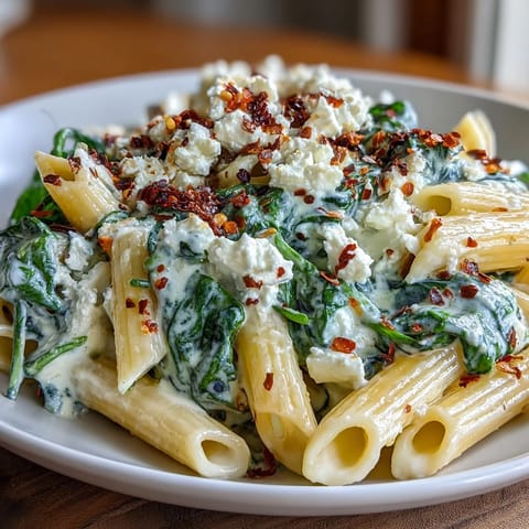 Satisfying Creamy Feta Spinach Pasta, ready in minutes for dinner.