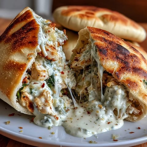 Fluffy pita halves revealing a vibrant filling of tender chicken, spinach, and artichoke hearts.  