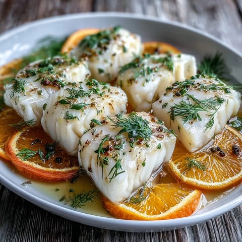 Tender poached cod with bright fennel and orange, a light seafood dish.
