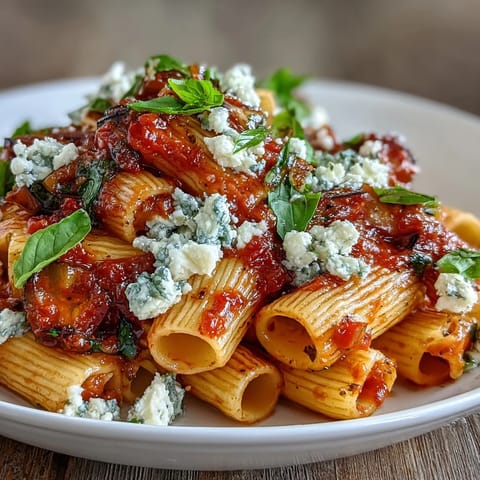 Hearty Pasta Alla Norma with vibrant basil and salty ricotta salata topping.
