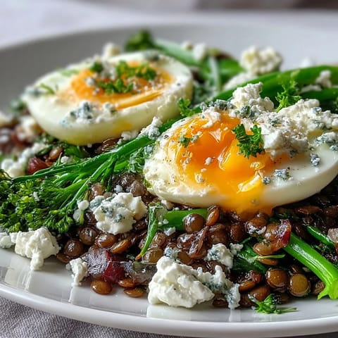 Savory French Lentil Salad featuring crisp broccolini and jammy eggs.