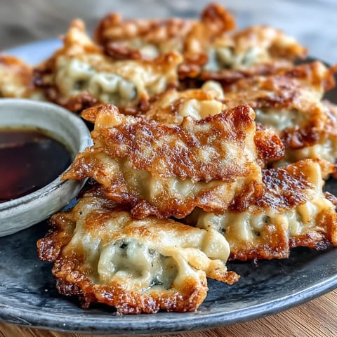 Crispy, golden smashed gyozas served with savory dipping sauce, an easy appetizer.