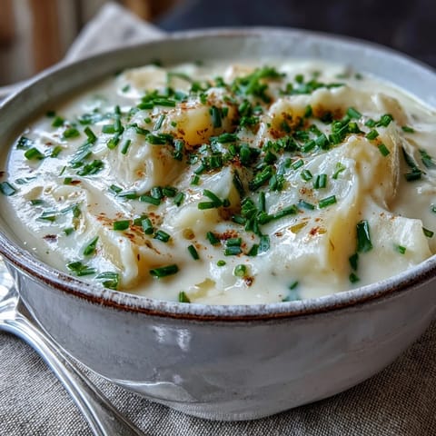 Rustic Potato Leook Soup topped with crispy bacon crumbles and fresh chives in a cozy rustic bowl.