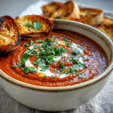 Vibrant roasted red pepper soup with a swirl of creamy yogurt and fresh cilantro garnish.