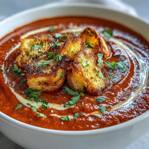 Creamy roasted red pepper soup topped with golden, crunchy croutons served in a rustic white bowl.