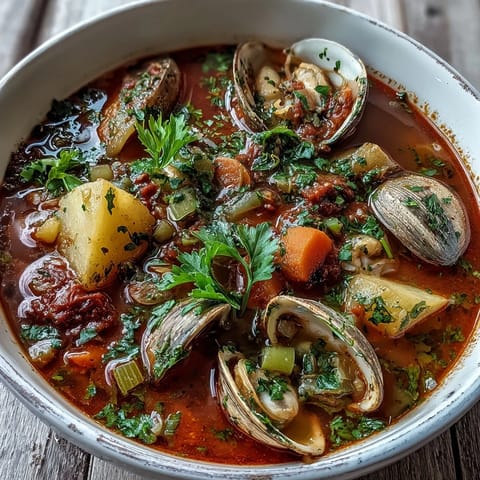 Freshly cooked Manhattan Clam Chowder served hot in a white bowl, garnished with parsley and oyster crackers.