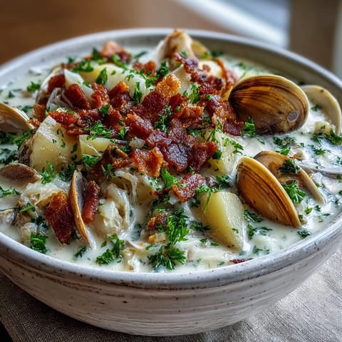 Steaming bowl of New England Clam Chowder with tender potatoes, diced onions, and celery in a creamy broth.