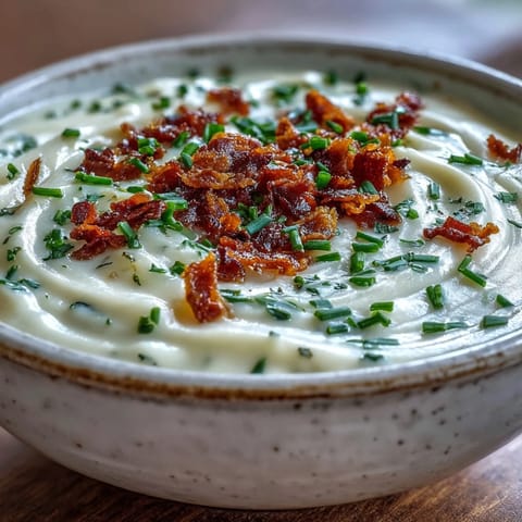 Hearty Cream of Potato Soup with velvety texture, served in a rustic mug with a side of crusty bread.