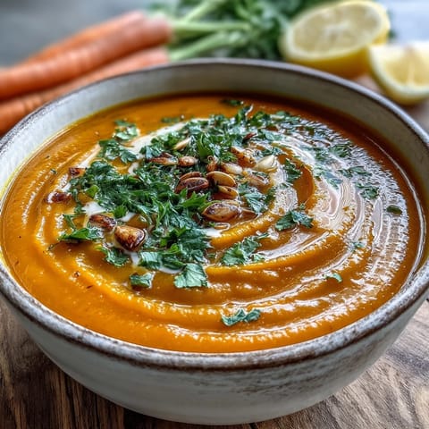 Creamy carrot ginger soup served steaming hot with crusty bread on a rustic wooden table.