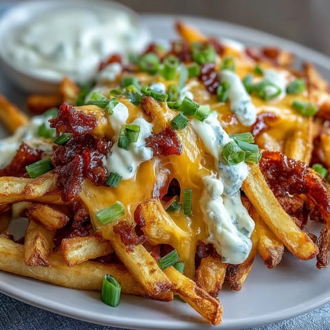 Freshly baked Cheesy BBQ Fries with Ranch Dip, featuring golden crispy fries smothered in melted cheddar and chopped green onions.