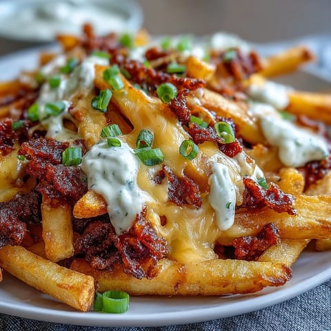 Golden Cheesy BBQ Fries with Ranch Dip piled high, showcasing smoky seasoned fries topped with gooey melted cheese and fresh herbs.