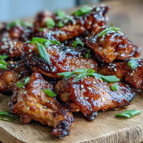 Sticky Coca Cola Chicken Wings piled high on a platter, garnished with sesame seeds and scallions, served with steamed white rice nearby.