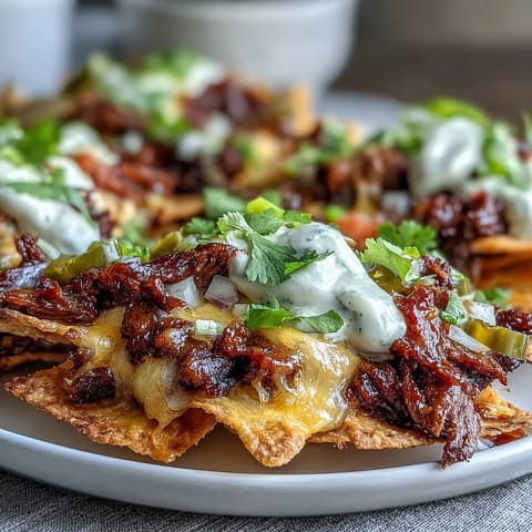 Golden baked BBQ beef nachos served hot on a platter, ready for a game day snack with sour cream drizzle.