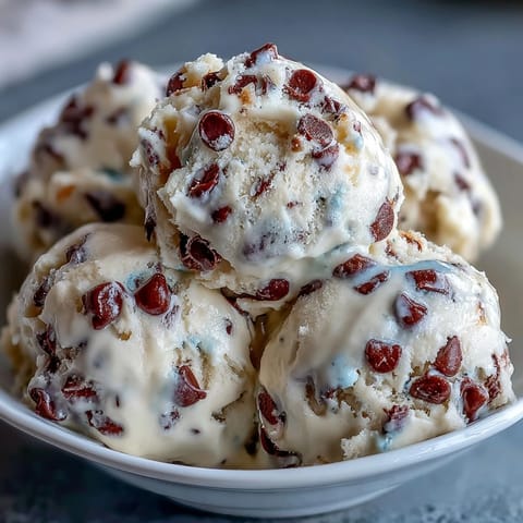 Fresh scoops of Greek Yogurt Cookie Dough topped with mini chocolate chips, served chilled in small dessert bowls for a safe-to-eat treat.