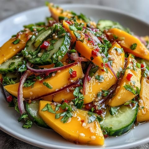 Served chilled from a white bowl, the Refreshing Mango Salad is garnished with fresh cilantro leaves and a few thin red chilies for a pop of color.