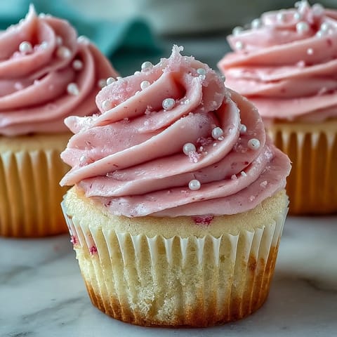 Freshly baked Pink Velvet Cupcakes with Vanilla Buttercream Frosting on a cooling rack, their blush-pink crumb visible.
