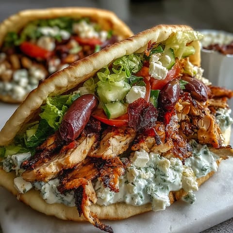 Golden charred chicken slices rest on warm pita and cool tzatziki for a juicy gyro meal.