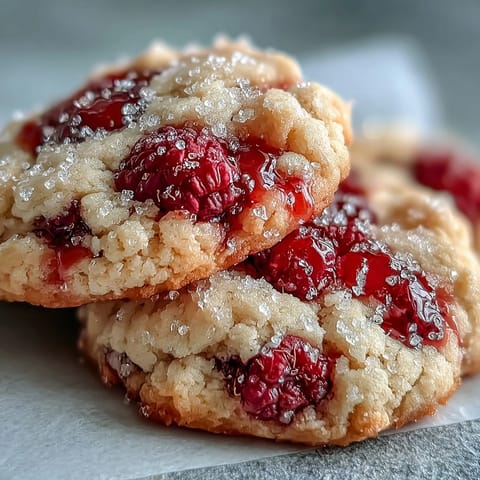 Freshly baked Soft Chewy Raspberry Sugar Cookies on a cooling rack, glistening with a sparkling sugar crust and bursting with ruby-red berry pieces.