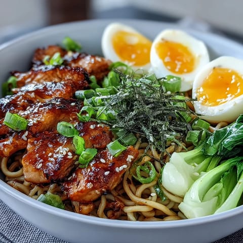 Sliced chicken and bok choy float in savory broth for Healthy Miso Chicken Noodle Bowls.