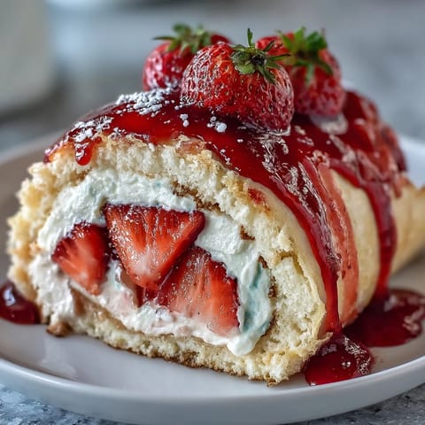 Golden-brown crepe spirals filled with whipped cream, sliced strawberries, and thin sponge cake strips are drizzled with strawberry sauce. 