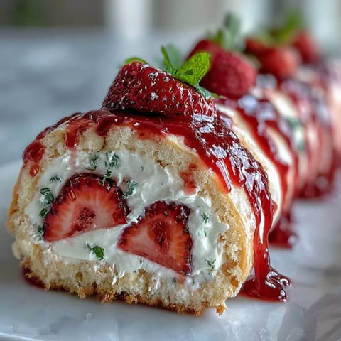 Thin crepes wrap around airy sponge cake ribbons and juicy strawberries, rolled tight and sliced into delicate dessert sushi pieces. 