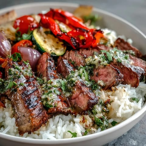 Sizzling flank steak from the grill rests atop steaming rice and roasted veggies, ready for a drizzle of homemade chimichurri.