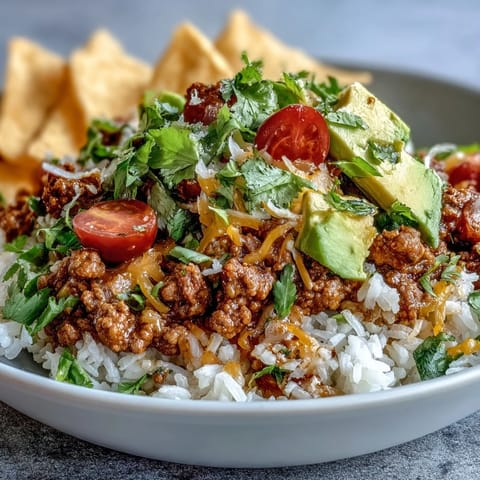 A close-up of a Turkey Taco Bowl layered with fluffy rice, seasoned turkey, and fresh diced avocado.