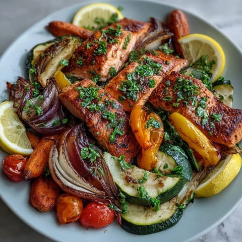 Perfectly roasted salmon fillets and colorful vegetables from this Sheet Pan Salmon and Veggies Bowl, served with fresh lemon wedges and parsley.