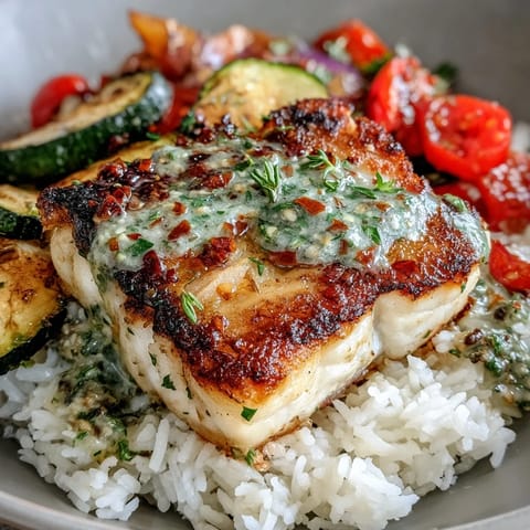 Flaky pan-seared fish bowl with fluffy rice, vibrant roasted vegetables, and zesty lemon sauce.