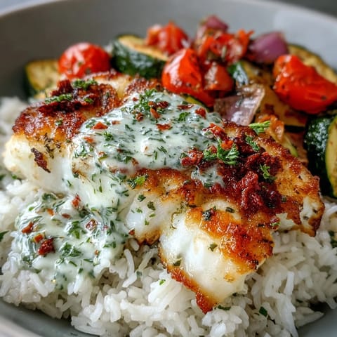 Golden-baked zucchini and red bell peppers top this healthy pan-seared fish bowl next to tender rice.