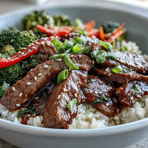 Fluffy white rice topped with glazed Teriyaki Beef Bowl, featuring tender beef, crisp broccoli, and carrots.