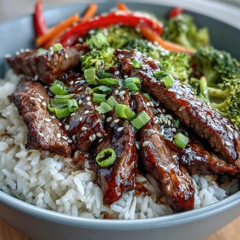 Close-up of a sizzling Teriyaki Beef Bowl garnished with sesame seeds and fresh green onions.