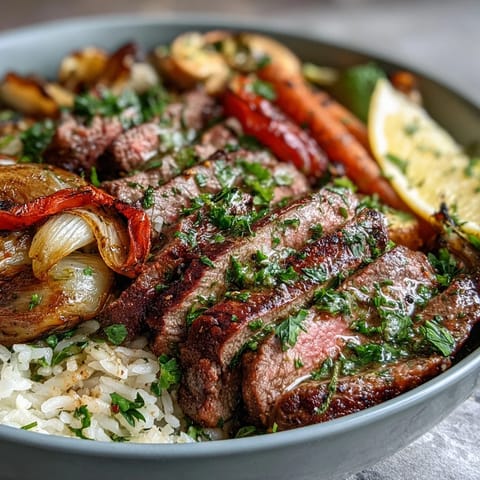 Juicy grilled steak, roasted bell peppers, zucchini, and cherry tomatoes over fluffy rice in a Sheet Pan Steak and Veggie Bowl.