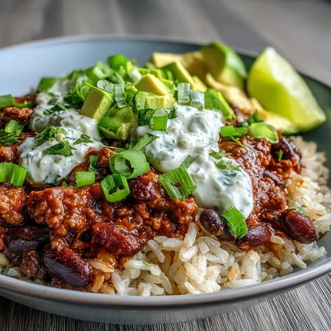 Hearty chili bowl base piled high over fluffy rice, topped with avocado and shredded cheddar cheese.